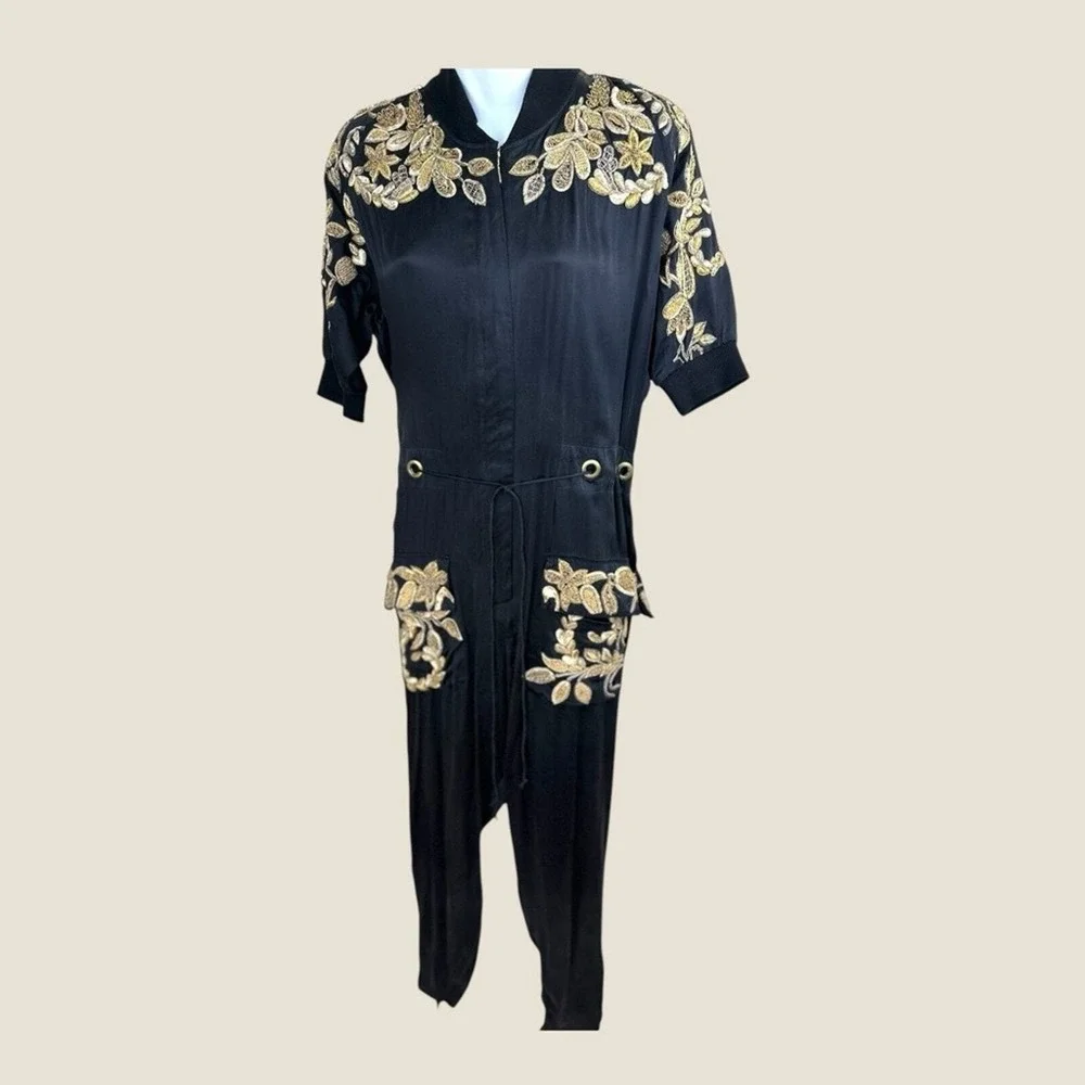 Ginebra Prive Irina Silk Jumpsuit SZ SM Black Bullion‎ Tiger Embroidery